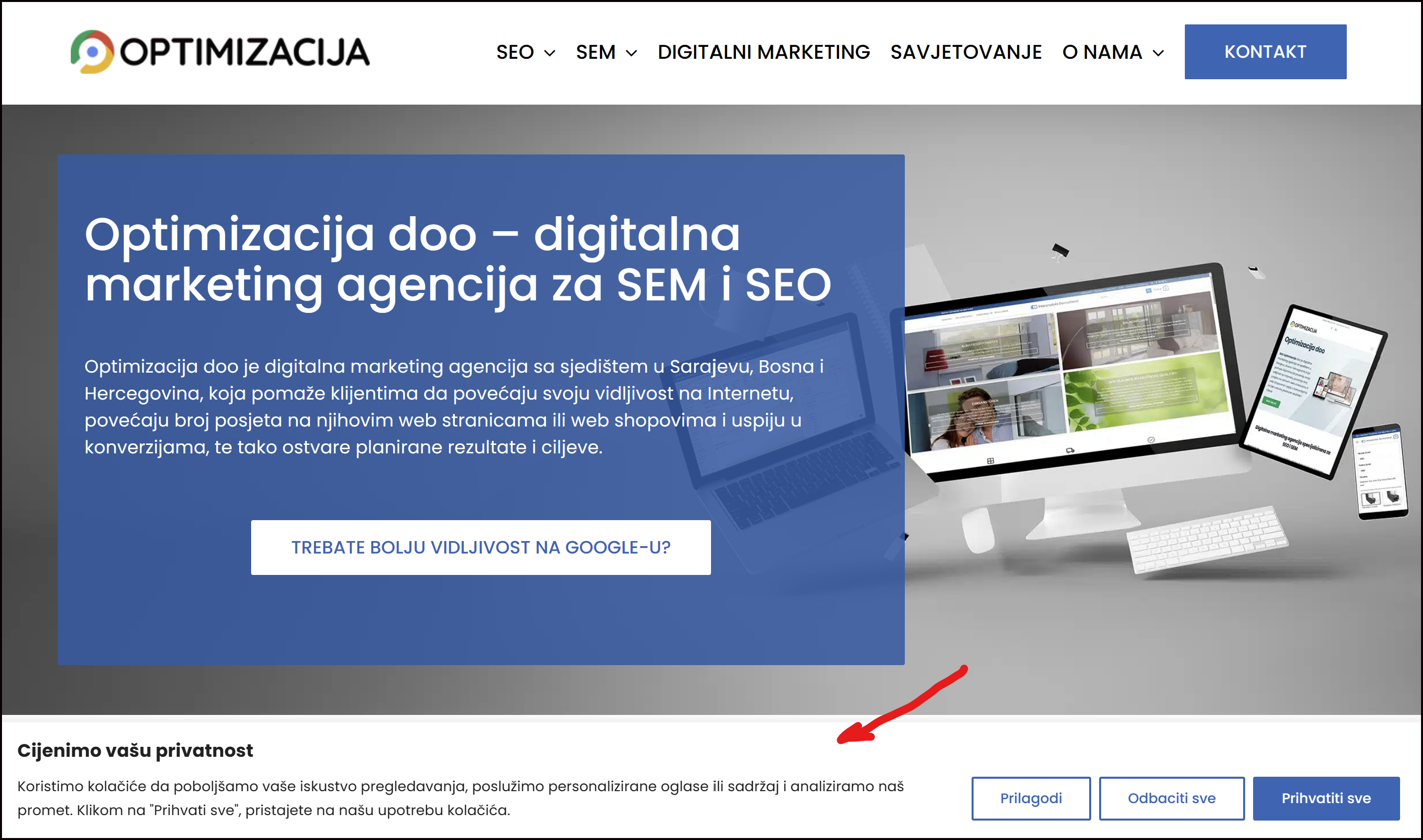 baner na optimizacija.ba za Google Consent Mode